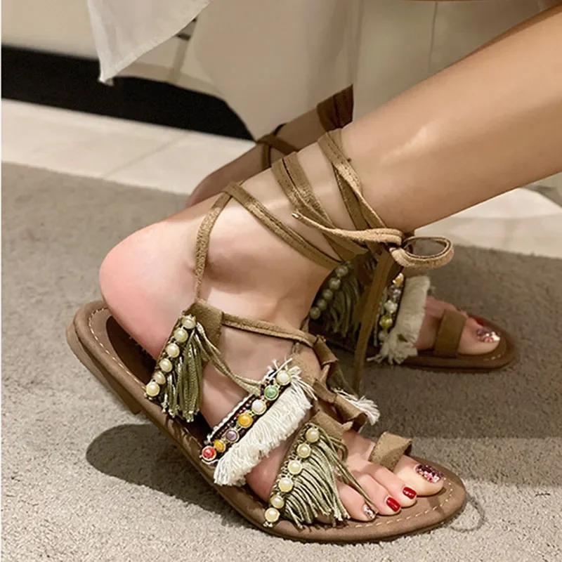 Bohemian Ankle Strappy Summer  Sandalias De Mujer Mixeds Color Flat Roman Shoes Comfort Holiday Flip Flops Sandales Femme Slides