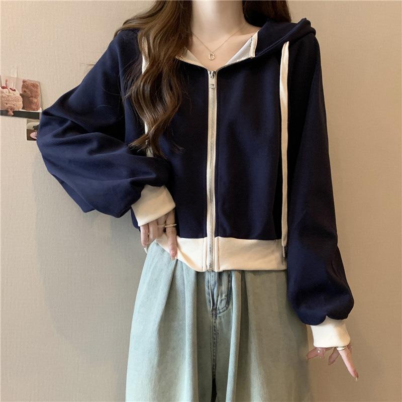 Real Shot Cotton Hooded Drawstring Sweater Women's Thin Loose Short Cardigan Top