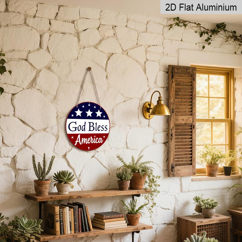 2D Flat, 1pc Patriotic “God Bless America” Hanging Sign, Heavy-Duty Aluminum Independence Day Decoration with Navy Blue & Red Stars, 7.87In American