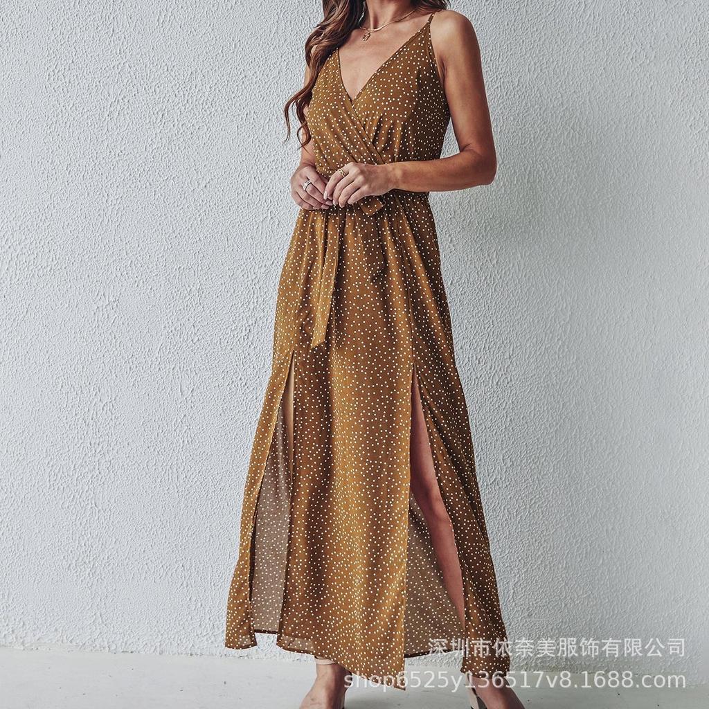 Summer New V-neck Suspender Floral Lace-up Dress Popular Women's Long Dress