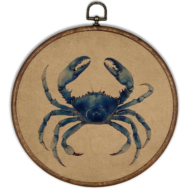 XBBMGG Rustic Coastal Blue Crab Wall Art Deco, Coastal Granddaughter Crab Round Wall Hanging Decor, Ocean Framed Canvas Prints for Nursery Living Crab