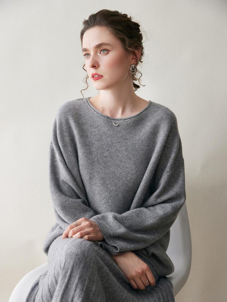 Women's Cashmere Sweater - Solid Color Loose Pullover, Long Sleeve, Korean Style for Autumn & Winter