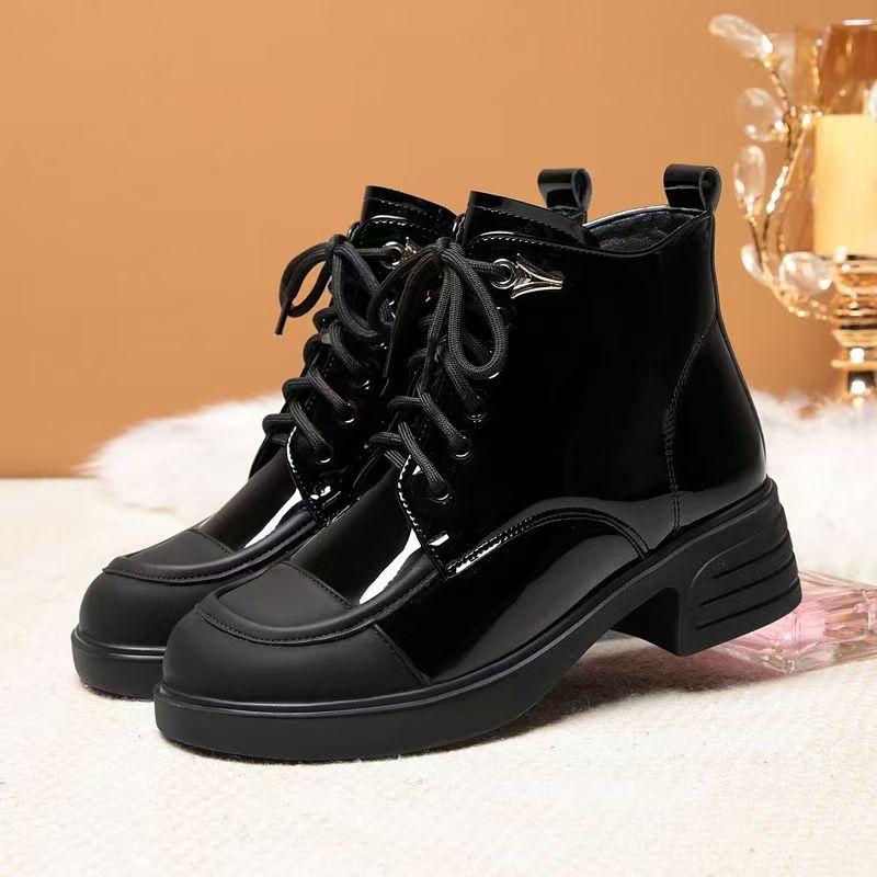 

Women Genuine Leather Big Size Lace Up Ankle Cotton Boots Winter New Thick Sole Block Heel Round Toe Plush Keep Warm Work Boot 35 чорний