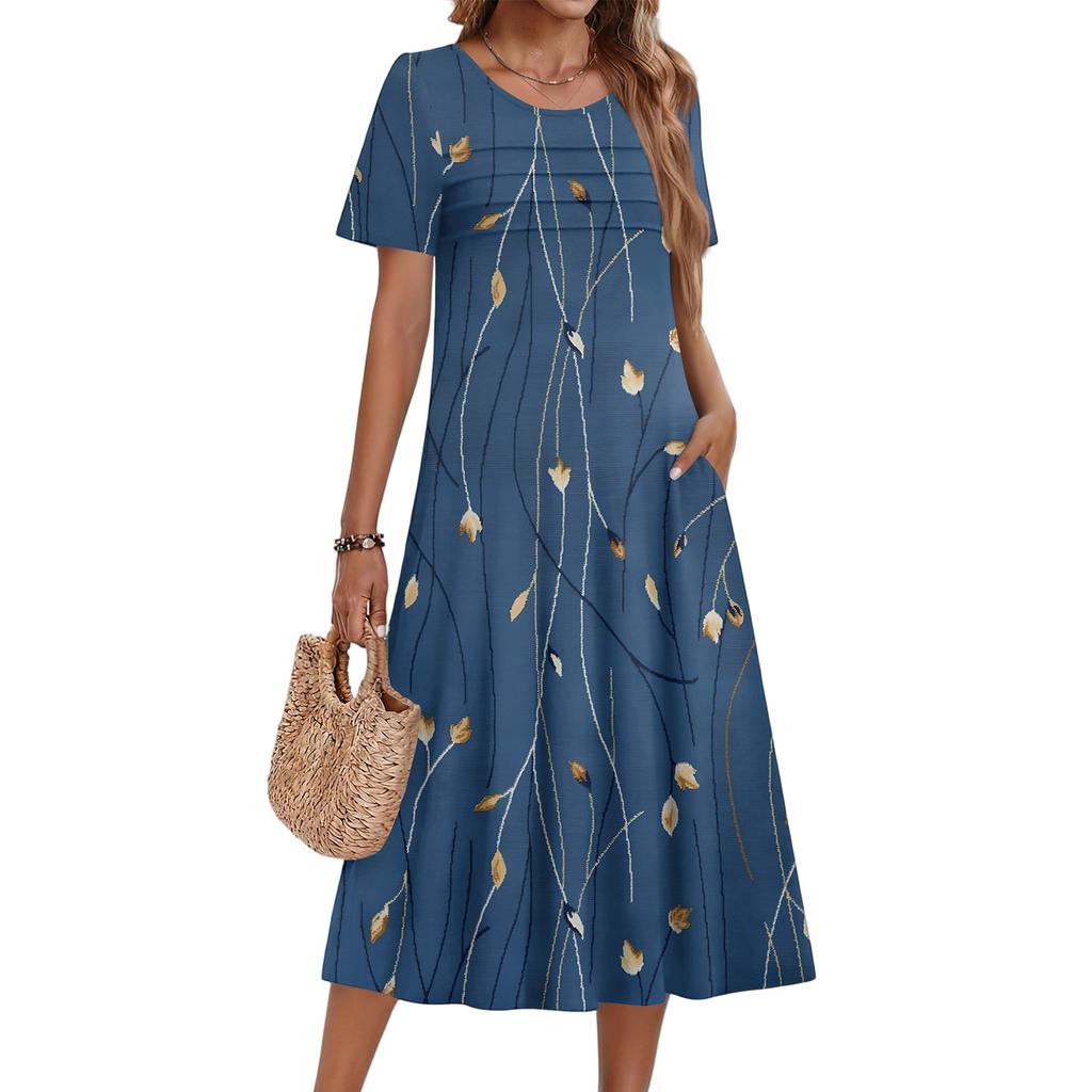Vestito Corto Casual e alla Moda da Donna con Stampa Floreale e Maniche Corte Girocollo