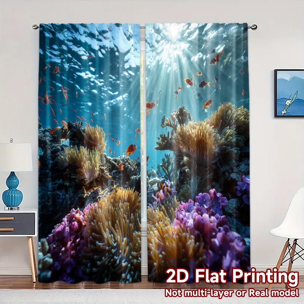 

Set Of 2 Flat Printing Curtains Without Rod Coral Symphony Popular Window Curtain Durable Polyester Gifts Bedroom Ideal For Sleeping Area W100*H70(CM)-Hooks&2PCS