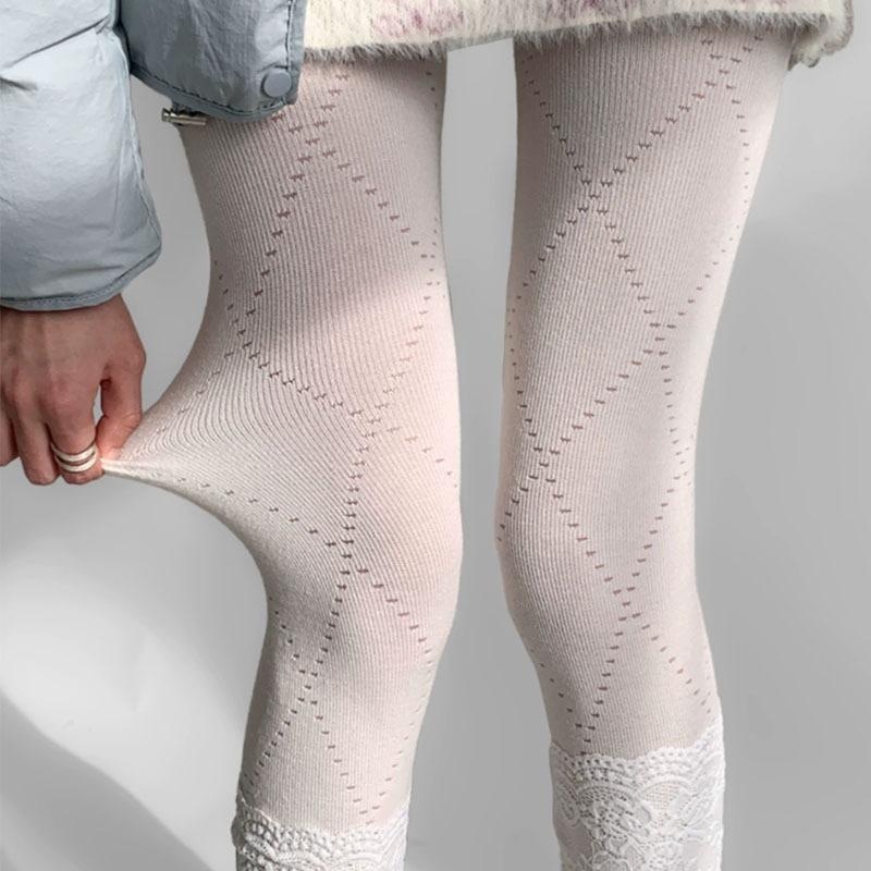 Lolita Rhombus Jacquard Pantyhose Retro Knitted Hollow Design Warm Base Leggings Korean Style Autumn Stockings Tights