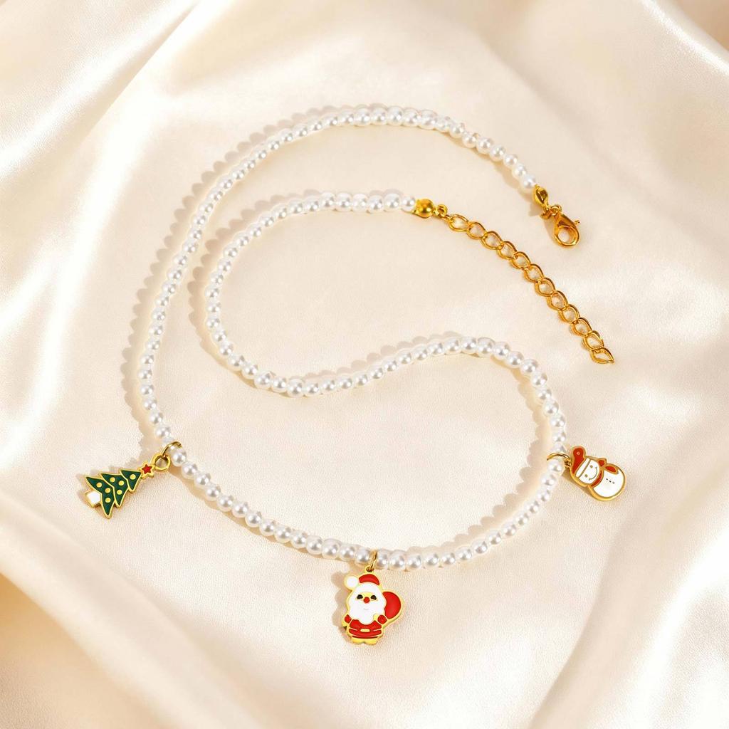 Stainless Steel Santa Claus Christmas Tree Snowman Imitation Pearl Beaded Necklace Female, Christmas Sweater Chain Nc-1256
