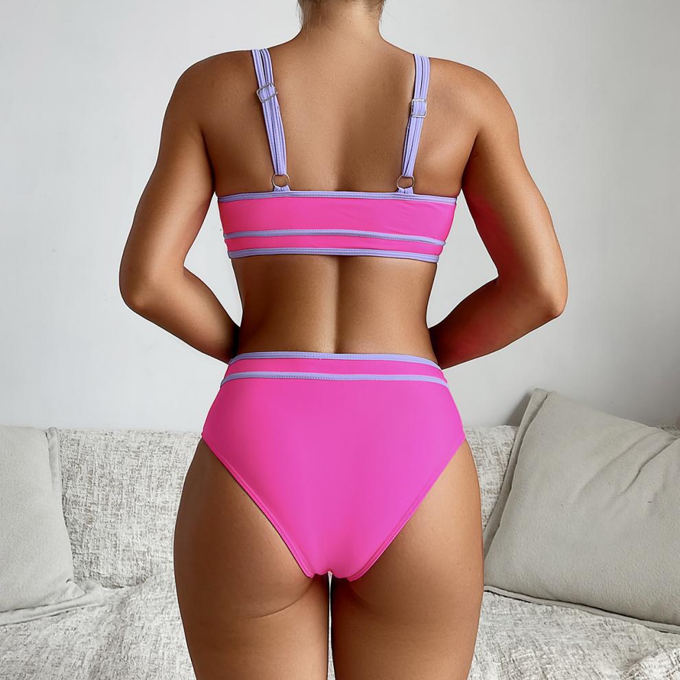 Vintage Hot Pink Patchwork Bikini Set Women Summer Push Up Bra High Waist Swimsuit 2025 Beach Bathing Suit Two Piece Swimwear