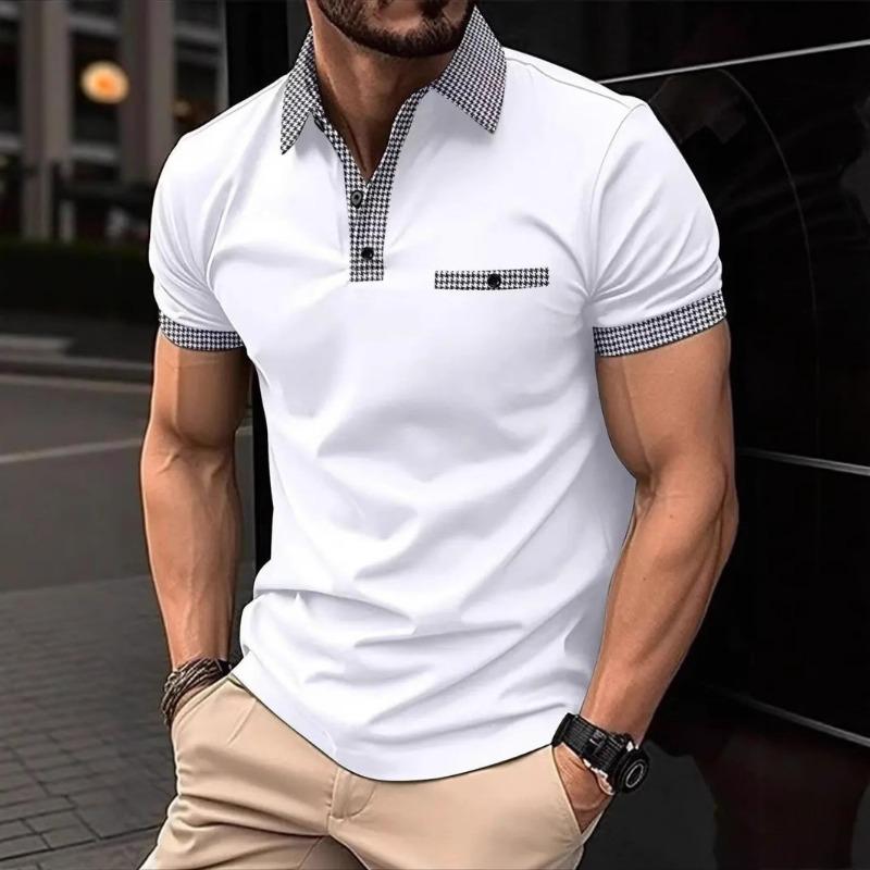 Men s Houndstooth Trim Polo Shirt Short Sleeve Casual Breathable White Top S белый