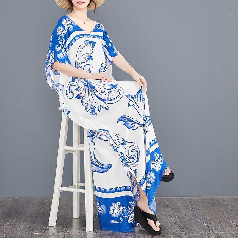 The Real Shot Is In Stock, and the Sunscreen Robe Is Loose and Large Size Flying Edge Beach Cotton and Silk Split-ended Floor Mopping Dress.