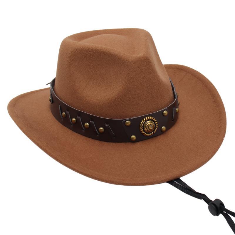 Western Cowboy Hat Tibetan Top Hat Felt Jazz Hat Rolled Edge Felt Hat Rivet Belt Buckle Metal