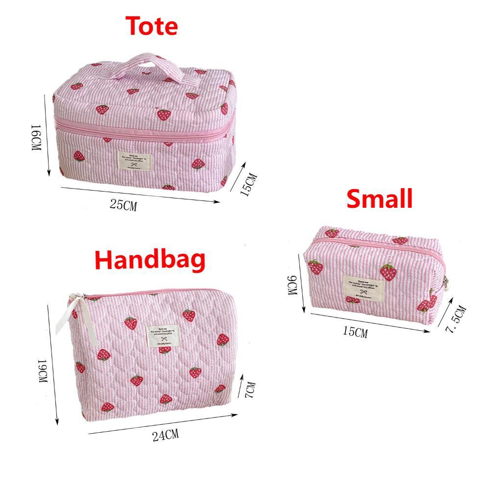 Rosa Erdbeer Damen Kosmetiktasche gesteppt Tragbar Reise Organizer Kulturtasche Make-up Aufbewahrungstasche Handtasche Damen Reißverschlusstasche