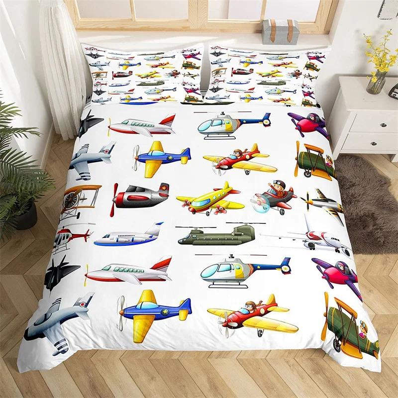 Aircraft Queen Duvet Cover Set Cartoon Airplane Bedding Set Polyester Clouds Stars Moon Print Comforter Cover For Kids Boys Room