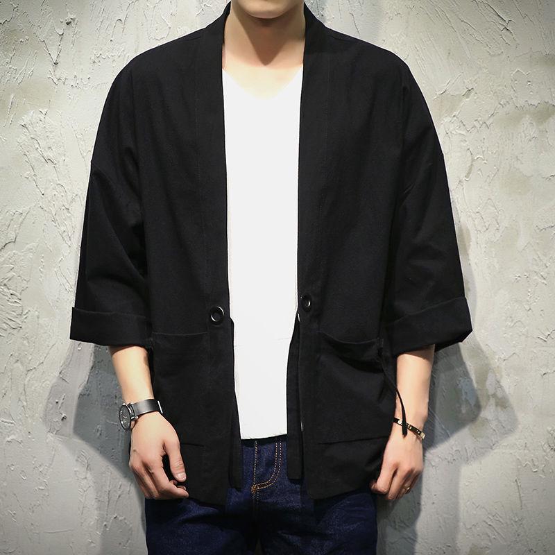 Men's Chinese Style Three-Quarter Sleeve Tang Suit Kimono Cardigan , Summer Loose Fit