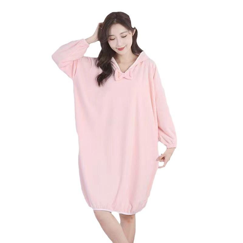 Winter Wearable Ladies' Hooded Coral Fleece Bathrobe - Absorbent, Thick, Soft Long-Sleeve Bath Skirt