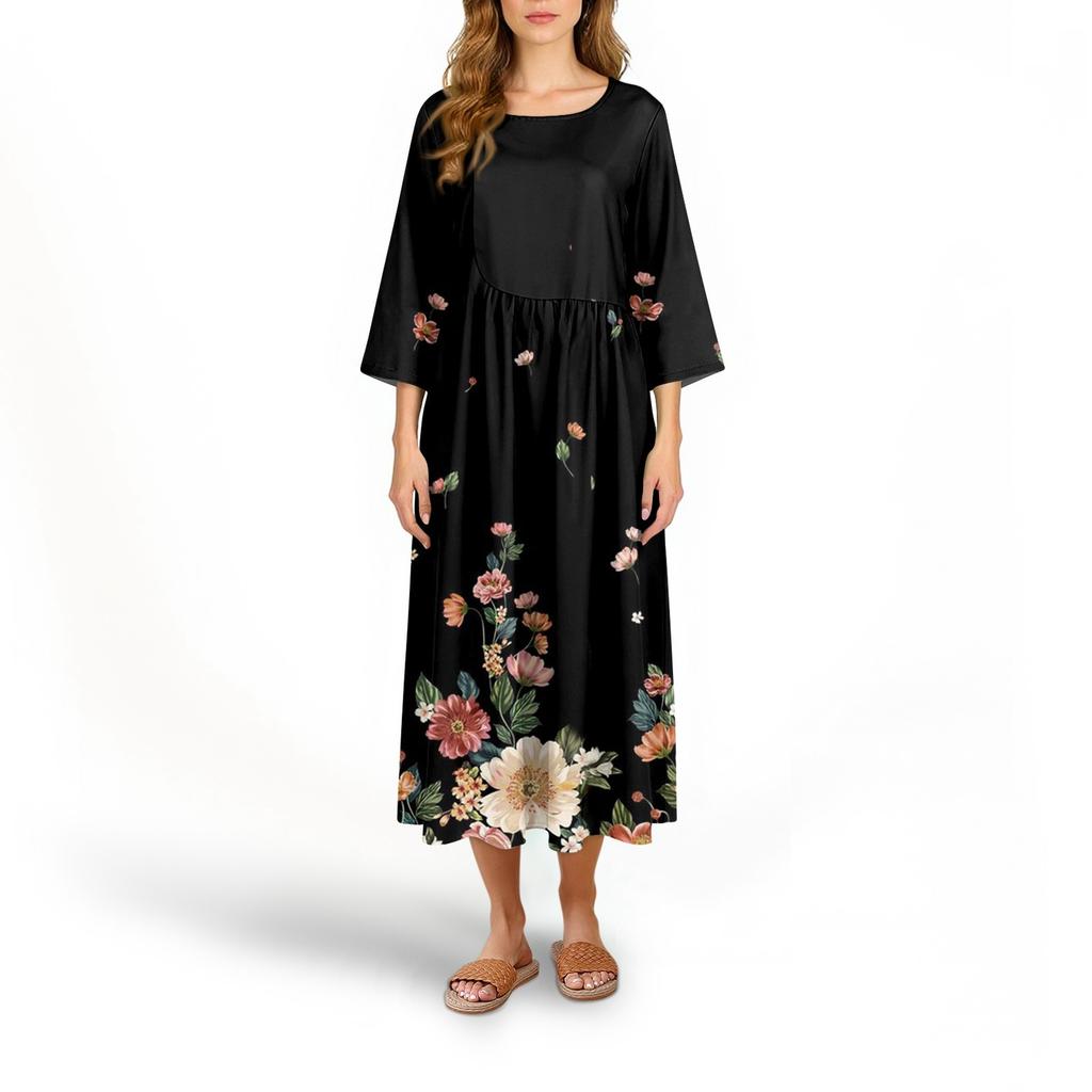 Damen Modisches Bedrucktes Rundhals Siebenviertelärmel Lockeres Kleid