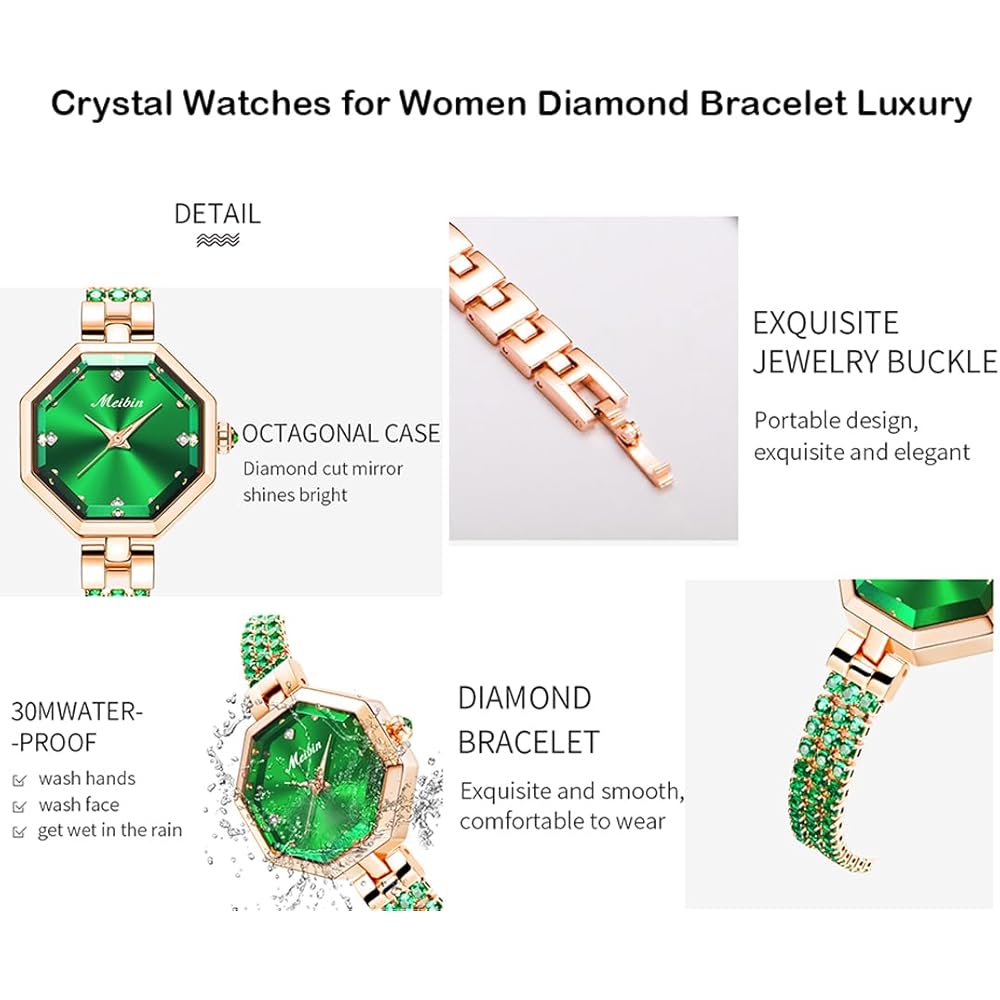 Crystal Women's Square Bracelet Watch Green Waterproof Simple Quartz Fashion