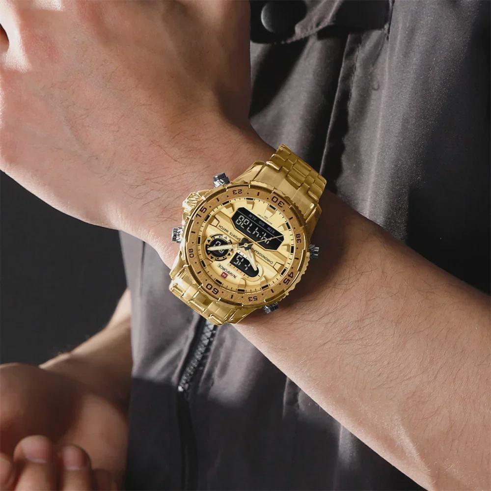 Fashion Golden Men Watch Multi-functional Quartz Wrist Watches Quartz Analog + LED Digital Movement Waterproof Steel Strap