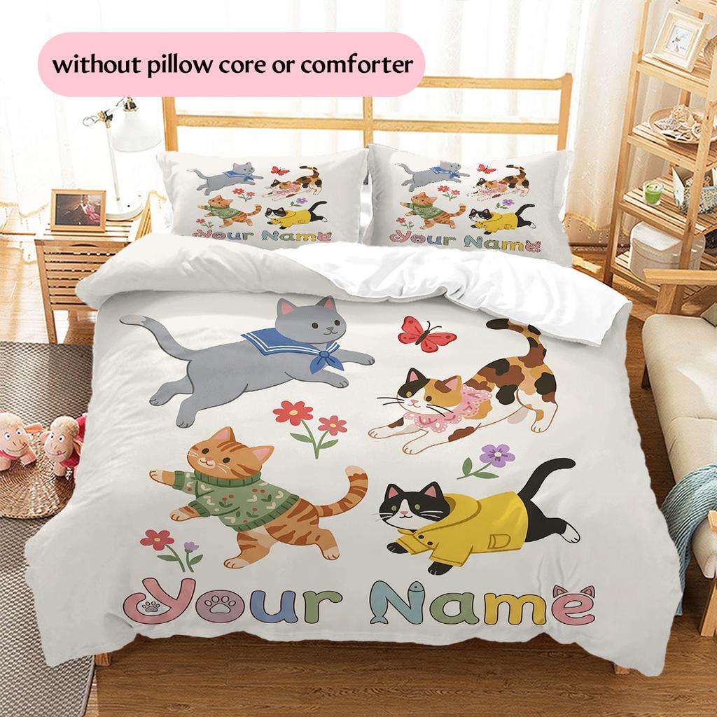 Custom Name,Cute Cartoon Cat Pattern Bedding Home Decoration Birthday Gift ( 1 duvet cover + 2 pillowcase, without core),fan merchandise.