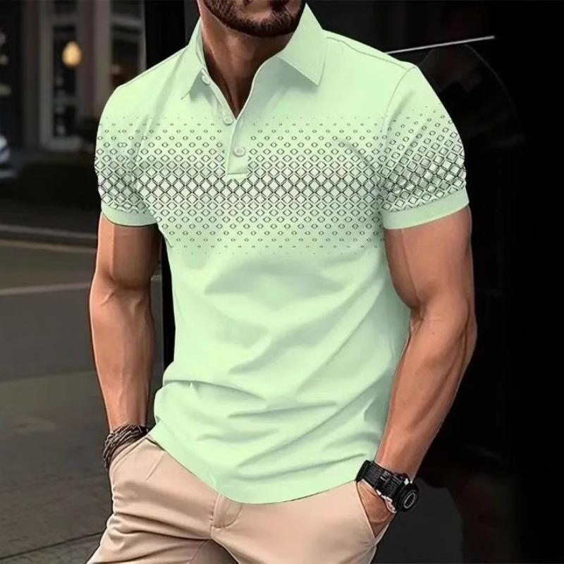 Men's Korean-Style Printed Color Block Lapel Polo Shirt Fashionable Minimalist Casual Short-Sleeve Top