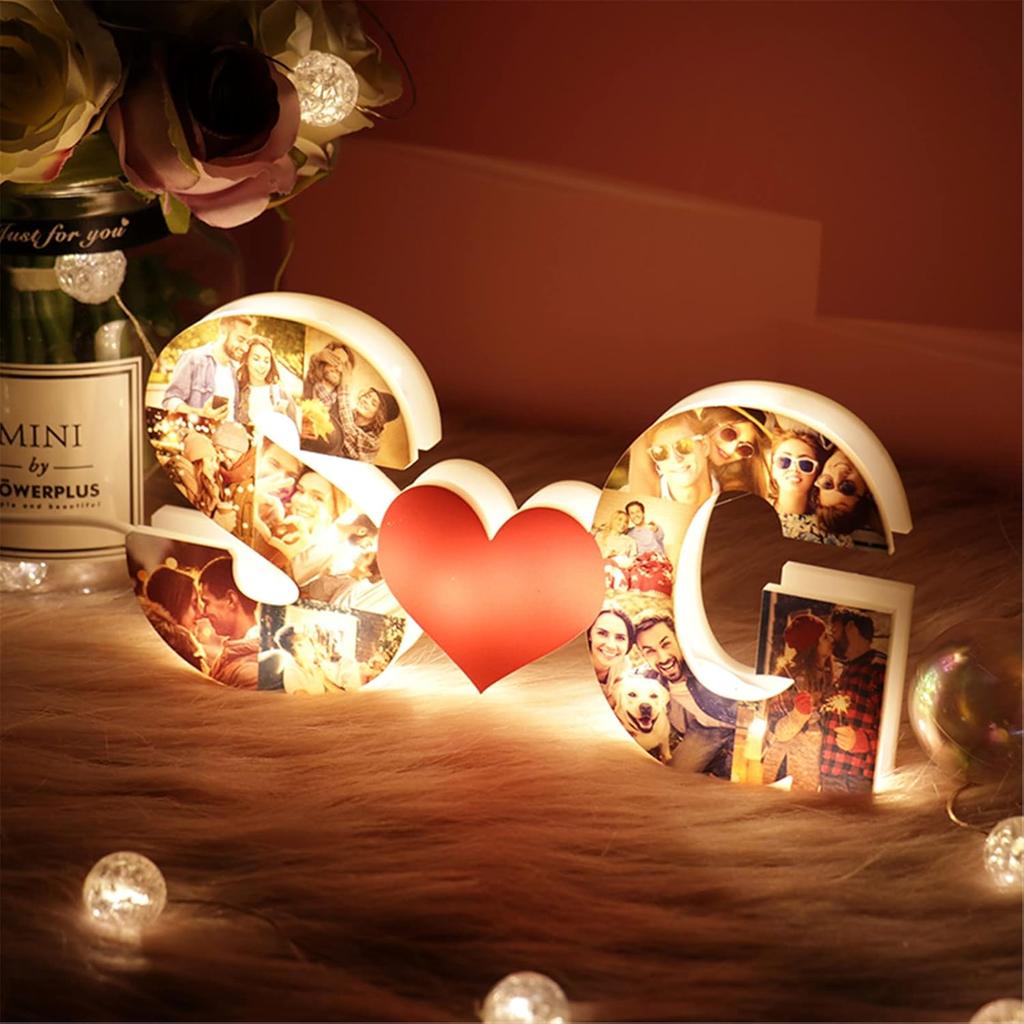 Personalized Alphabet Heart Photo Lights, Letter Collage Heart Night Lamp Bedside Table Lamp, Photo Frame Collage for Family Pictures Gift for Mom