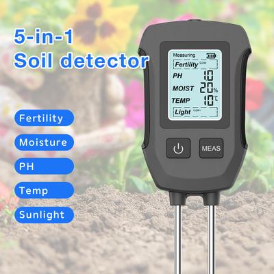 Doppelnadel-Bodentester 3/5 in 1 Boden-pH-Meter Multifunktionaler Fruchtbarkeits-/Feuchtigkeits-/pH-/Temperatur-/Sonnenlichtdetektor mit Hintergrundbeleuchtung