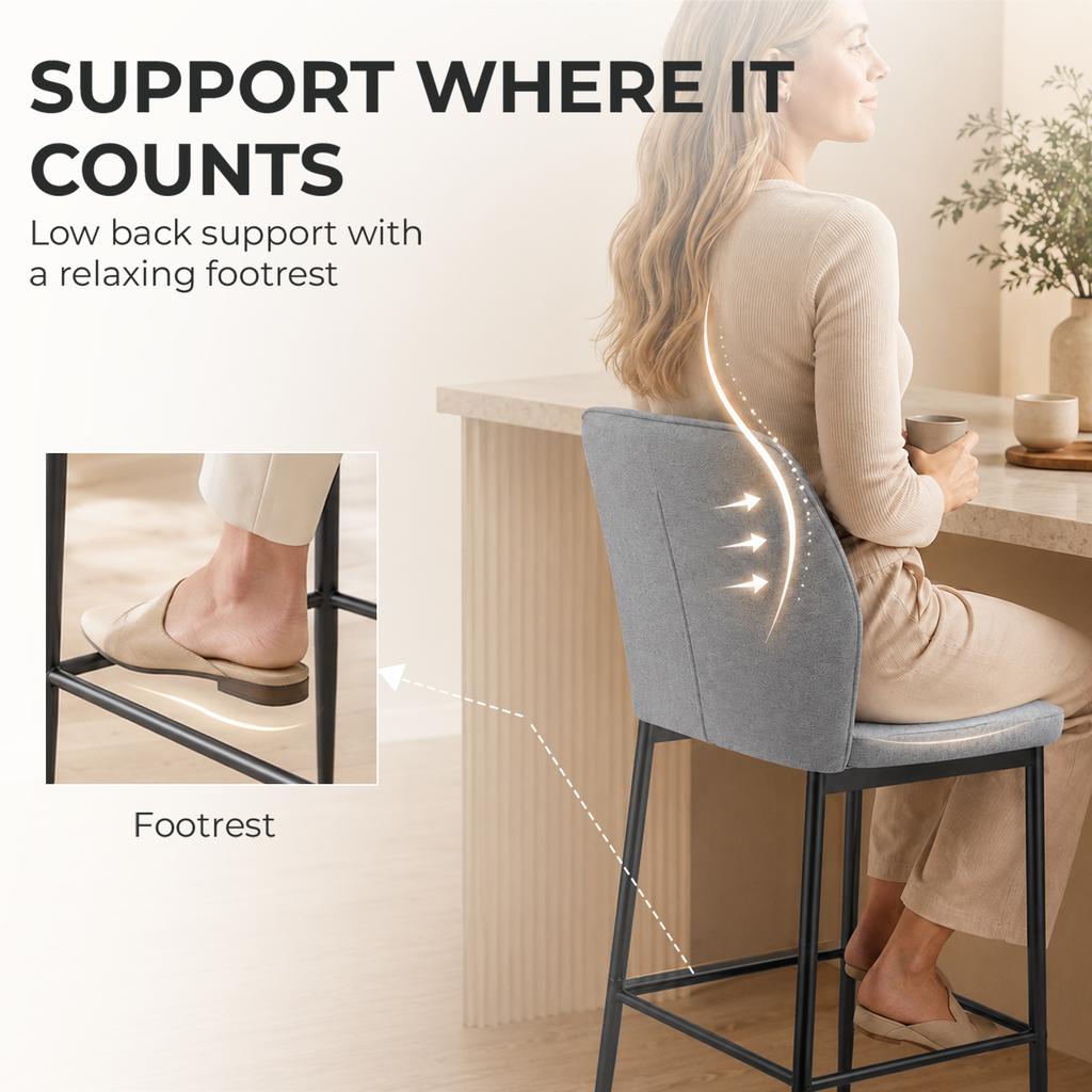 Modern Tall Chairs, Set of 2 Velvet Bar Stools with Footrest and Backrest, Kitchen & Living Room Stools, Grey