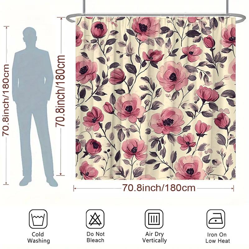 Polyester Shower Curtain - Pink Peony Floral on Soft Cream, Vintage Romantic Aesthetic, Washable & Line Dry, Bathroom Decor