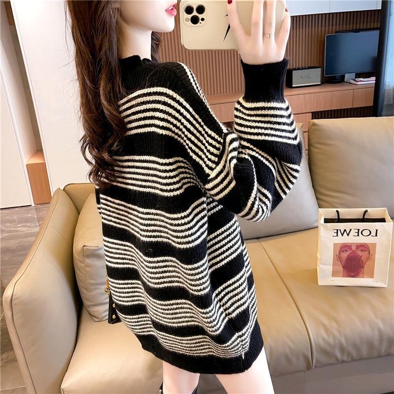 Autumn Loose Casual Style Knitted Pullover Fashion Striped Sweater Women's Medium and Long Age-reducing Top Tide