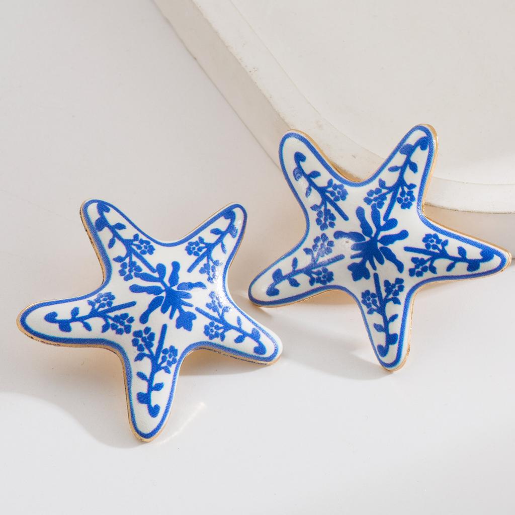 Colorful Blue and White Porcelain Starfish Earrings Unique Niche Design Beach Vacation Style Earrings for Women