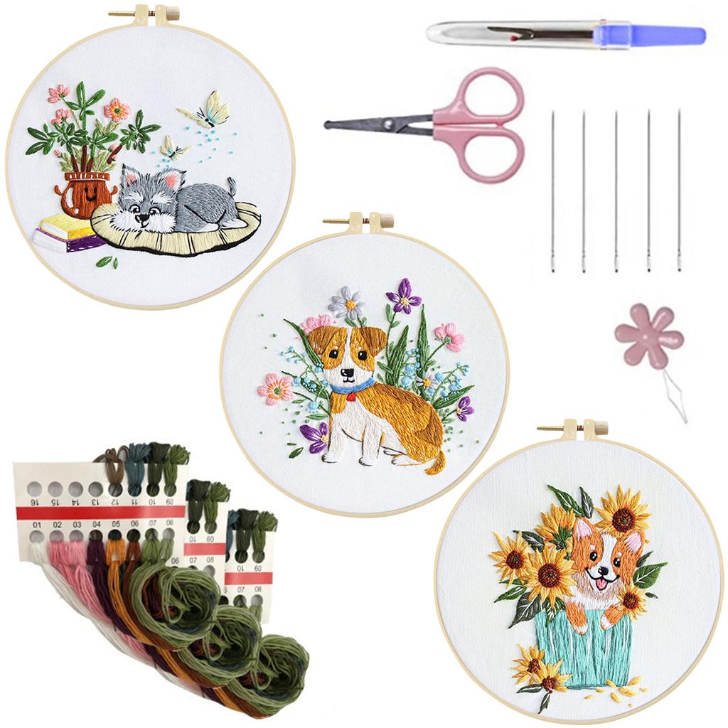 3 Pack Animal DIY Embroidery Stitches Practice Kit with Embroidery Hoop Needlework Craft for Adult Beginners Gift for Women
