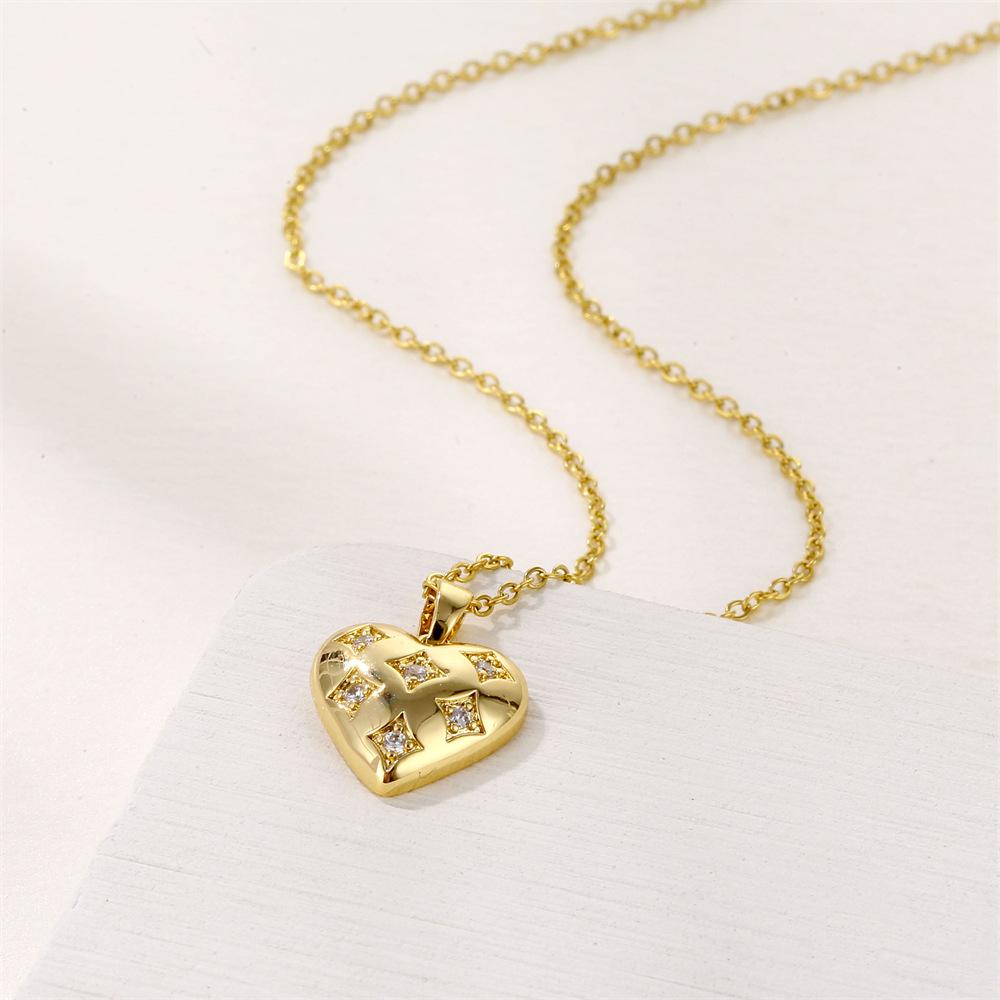 18k Gold Plated 3D Zircon Heart Pendant Necklace for Couples in Stainless Steel