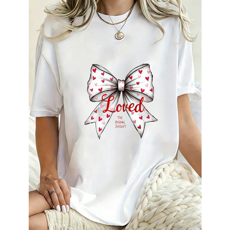Oversized T-Shirt Black Bow With Hearts And Loved Text Graphic Print Casual Streetwear For Women