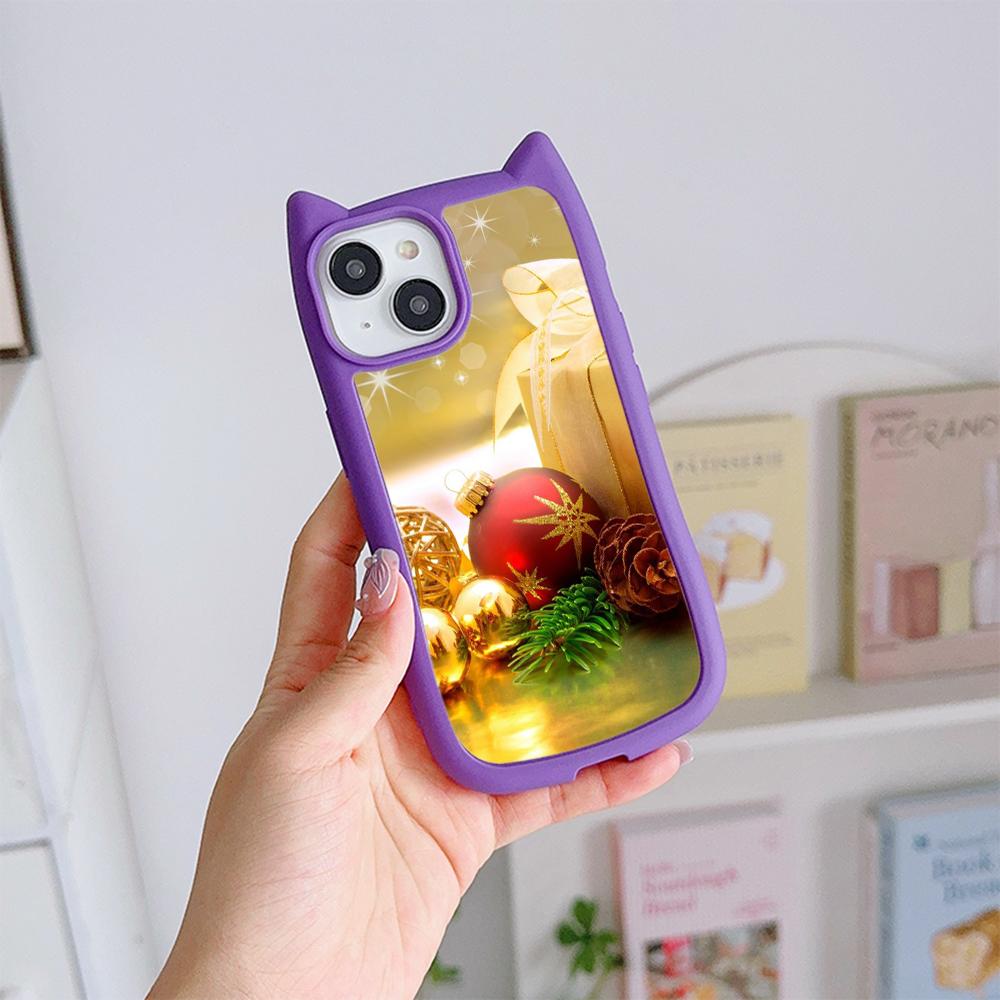 Cat Ear Soft Phone Case for iPhone 16 15 14 13 12 Pro Max Anti-Drop Transparent Acrylic Back Cover NY36 New Year Christmas Santa Claus Christmas tree