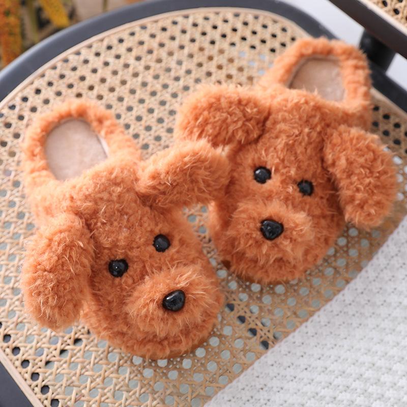 Fashion Winter House Warm Fur Slippers For Women Cute Dog Desginer Bedroom Flat Ladies Plush Shoes Indoor Cartoon Women Furry Slippers F
