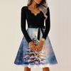 Damen Casual Mode V-Ausschnitt Langarm Weihnachten Bedruckt Party Vintage Lange Kleider