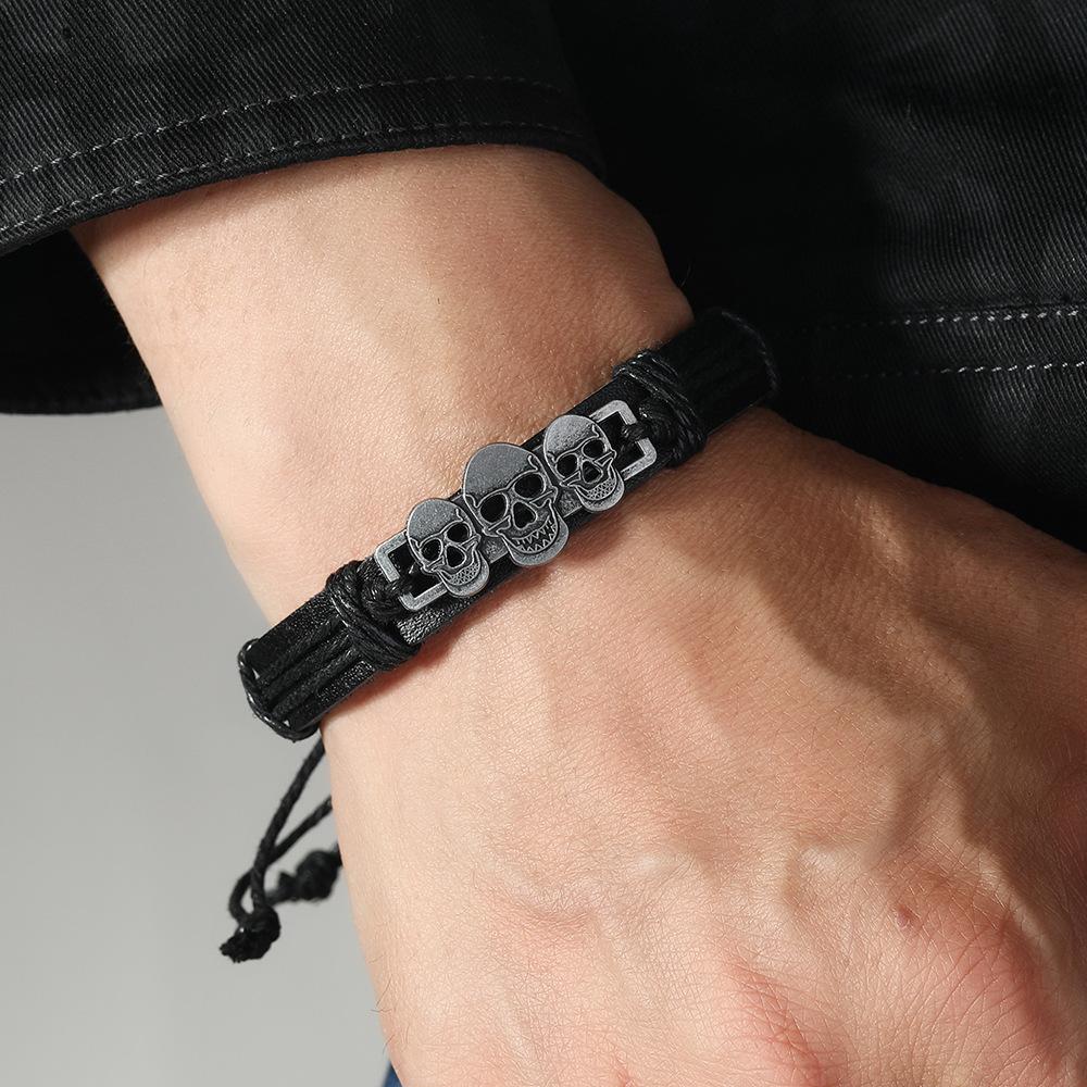 Punk Pirate Style Skull Bangles Men Personality Retro Leather Bracelet Hand-woven Jewelry Halloween Gifts Wholesale