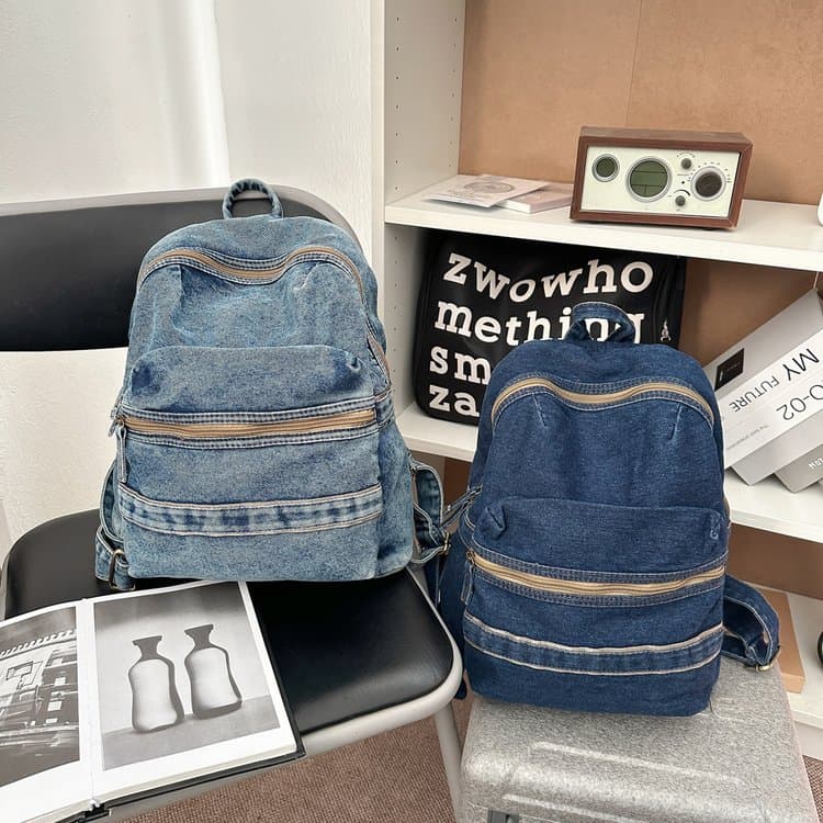 Zaino rétro in denim da donna a grande capacità