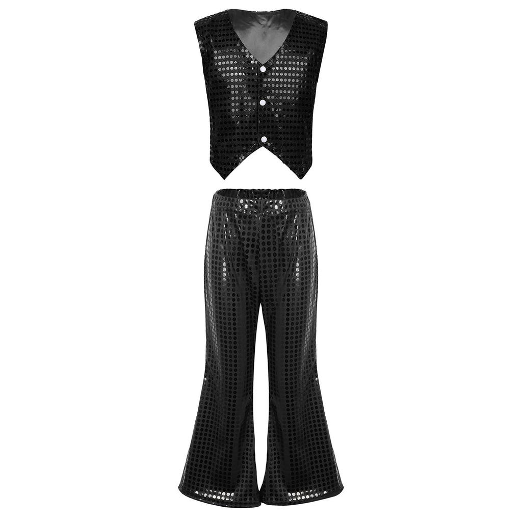 Kids Dance Costume Sparkly Sequined Waistcoat and Flowy Flared Pants Elastic Waistband Party Wear