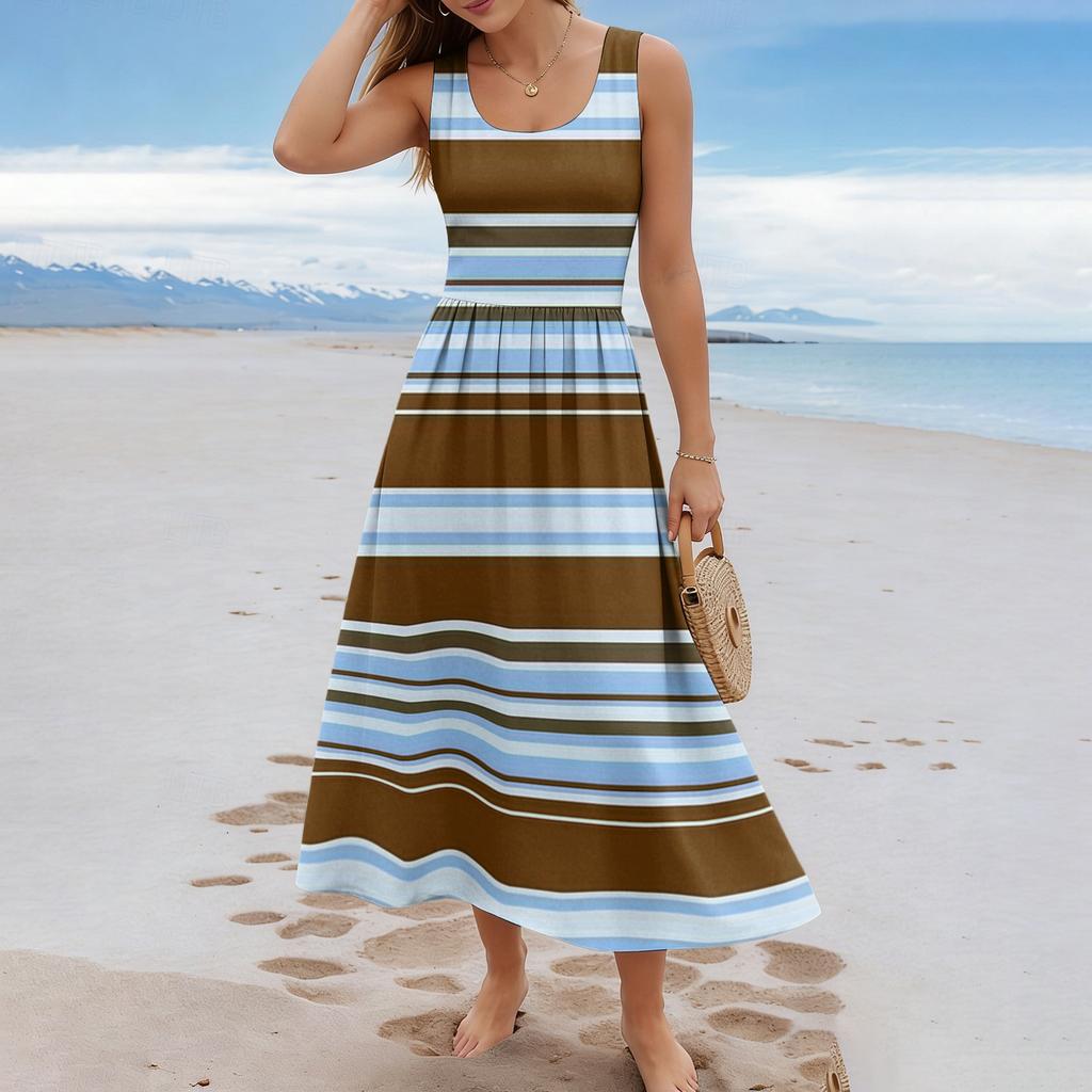 Ladies' striped summer casual and fashionable sleeveless long dress