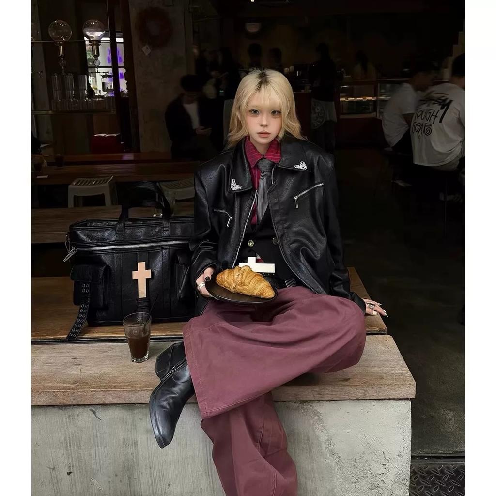 Angle flower embroidered lapel pull-up leather jacket men's and women's trendy street ruffian handsome short wide versatile black coat top