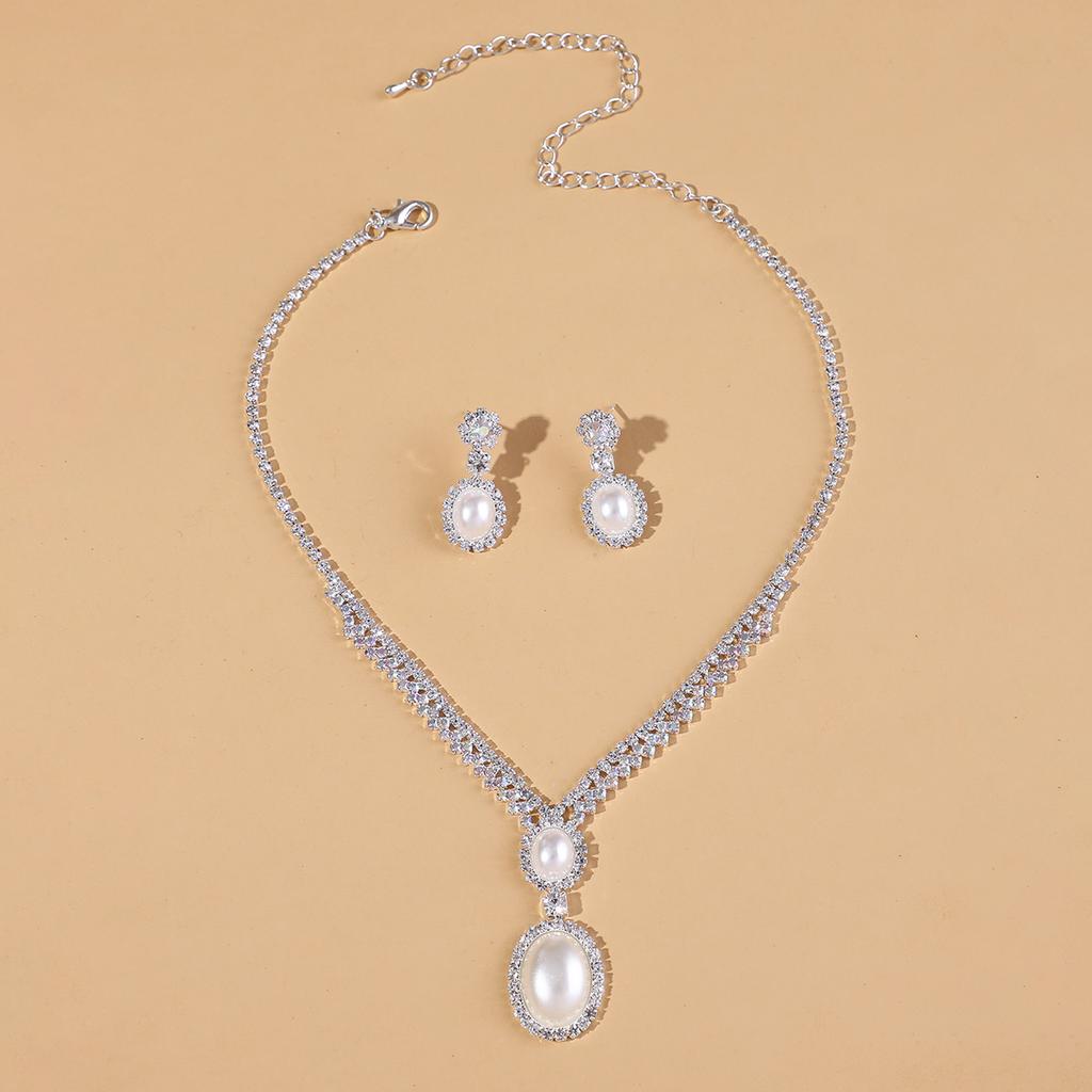 3PC Imitation Pearl Inlaid Rhinestone Women's Earrings Necklace Geometric Design Sense Wedding Party Holiday Gift