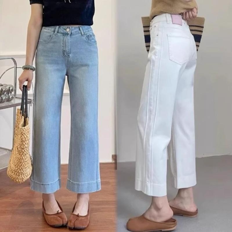 Women High Waist Wide Leg Pants Casual Loose Trousers Summer Solid Color Straight Fit Pocketed Ankle-Length Jeans