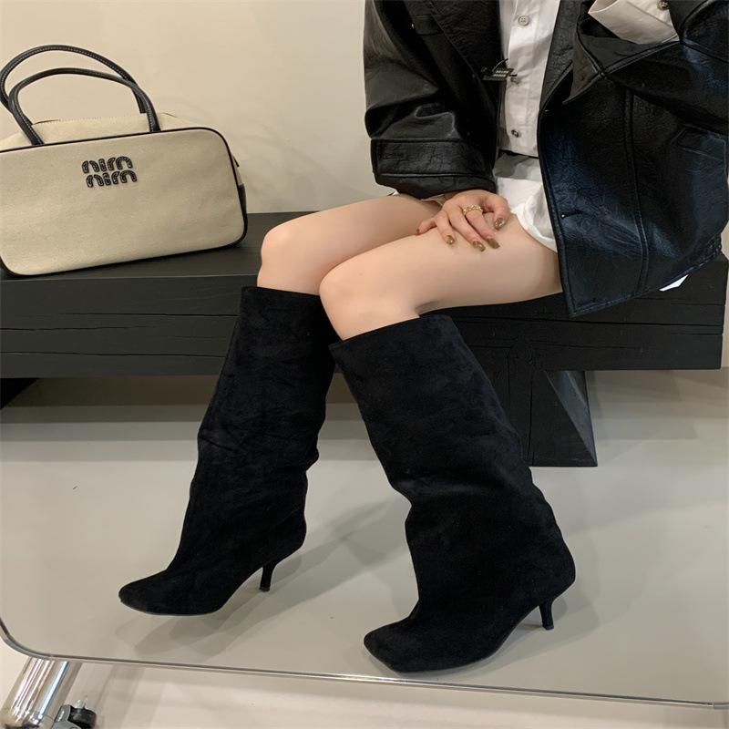 2025 loose straight boots autumn and winter matte retro trouser boots long boots big tube circumference high heel western cowboy boots women