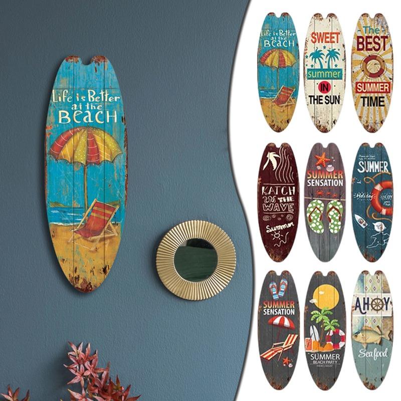 Summer Beach Ocean Theme Decorative Board Vintage Wooden Printed Door Sign Sea Surfboard Welcome Bar Home Wall Hanging Pendant