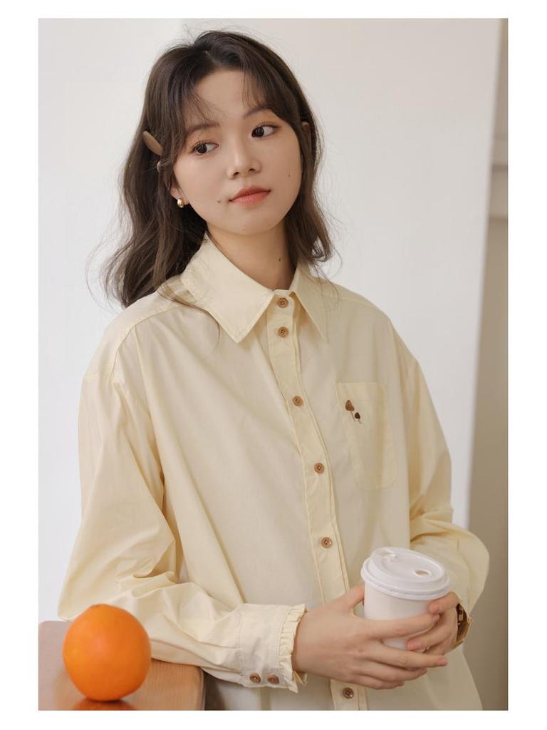 Women's Yellow Long Sleeve French Embroidery Polo Collar Shirt - Versatile, Professional, Casual Blouse