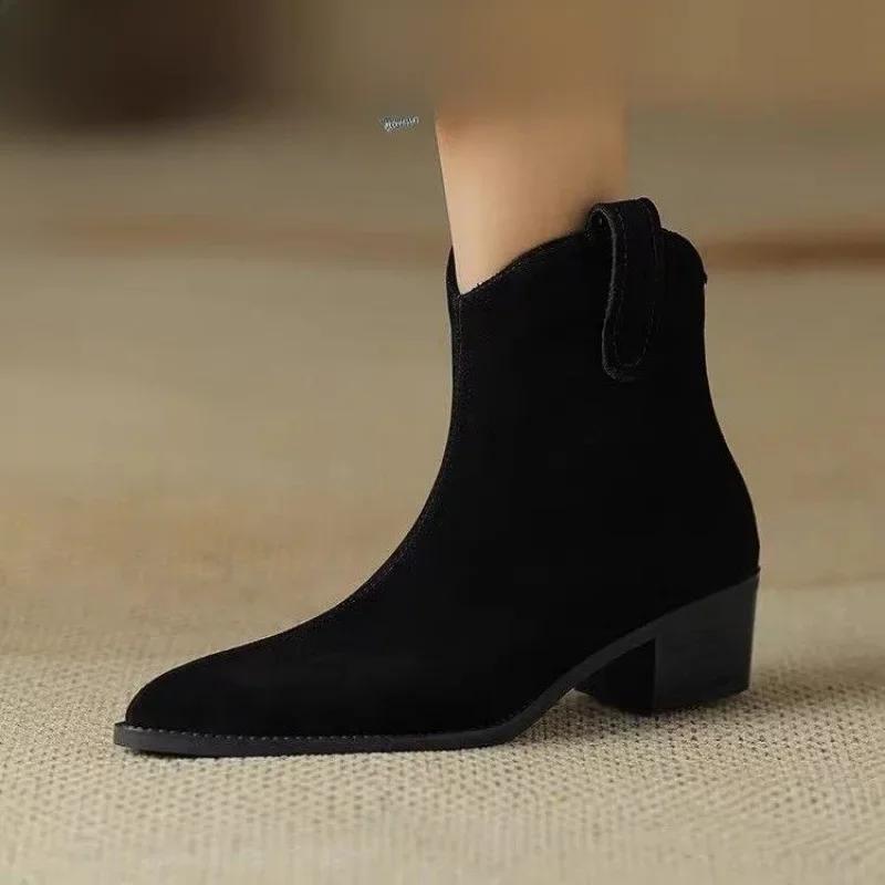 Autumn/winter New Style Women's Boots French Frosted Leather Short Boots Medium High Heels Vintage Western