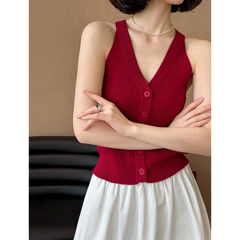 Juzhi Spring Korean V-Neck Sleeveless Cardigan