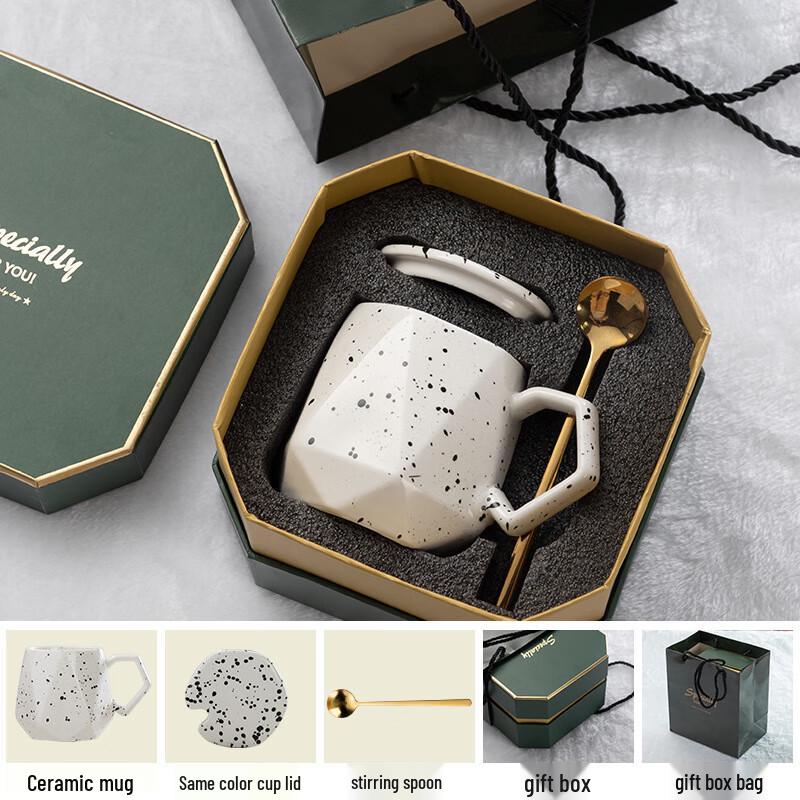 Xiaoyueya Ceramic Diamond Mug with Lid & Spoon Gift Set
