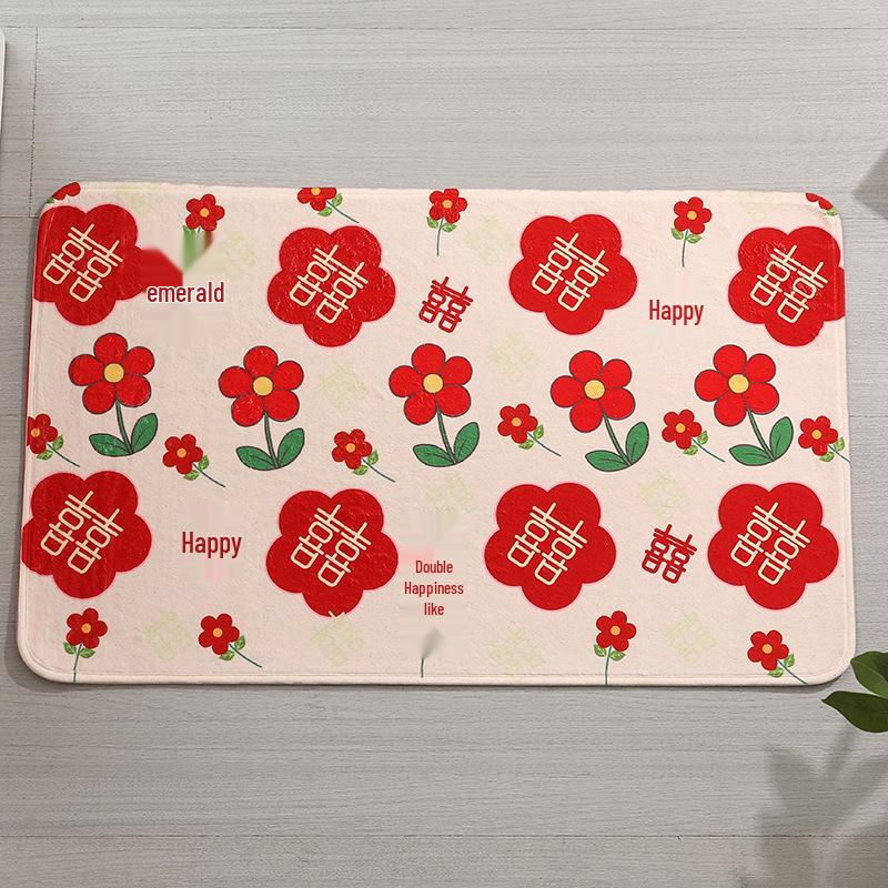 Honeymoon Double Happiness Red Cashmere-Style Bedside Carpet for Newlyweds